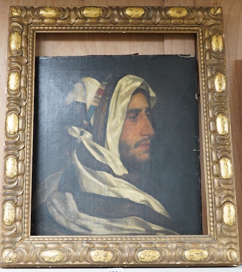 Late 19th / early 20th century, English School, Portrait of an Arab, unsigned, oil on canvas, stamp verso, in frame, 50 x 40cm